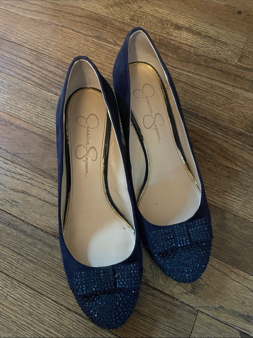 Jessica Simpson Navy Crystal Bow Wedge Heels